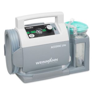 Aspirador de secreciones Accuvac Lite para emergencias, facilitando la limpieza rápida y segura de vías respiratorias en pacientes críticos.