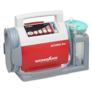 Aspirador de secreciones Accuvac Pro para emergencias, facilitando la limpieza rápida y segura de vías respiratorias en pacientes críticos.