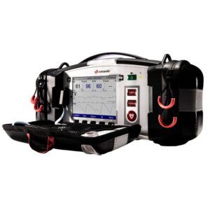 Monitor-desfibrilador Corpuls 1 para emergencias, combinando monitorización cardíaca, desfibrilación y soporte vital avanzado en pacientes críticos.