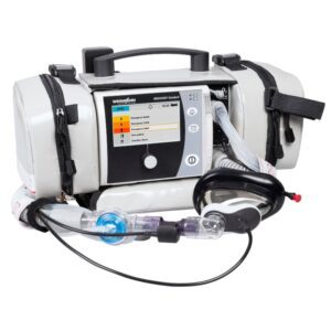 Ventilador portátil Meduvent Standard para emergencias, proporcionando soporte respiratorio seguro y eficiente a pacientes críticos durante traslados.