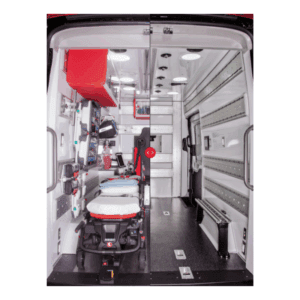 Sistema de transformación interior de vehículos INTRAXX para ambulancias, optimizando el espacio y la organización de equipos de emergencia.